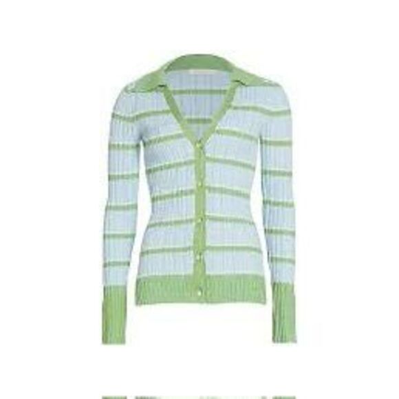 NWT Ramy Brook “Raya” Stripe Knit Button-front Sweater, in light blue and green - Picture 2 of 13